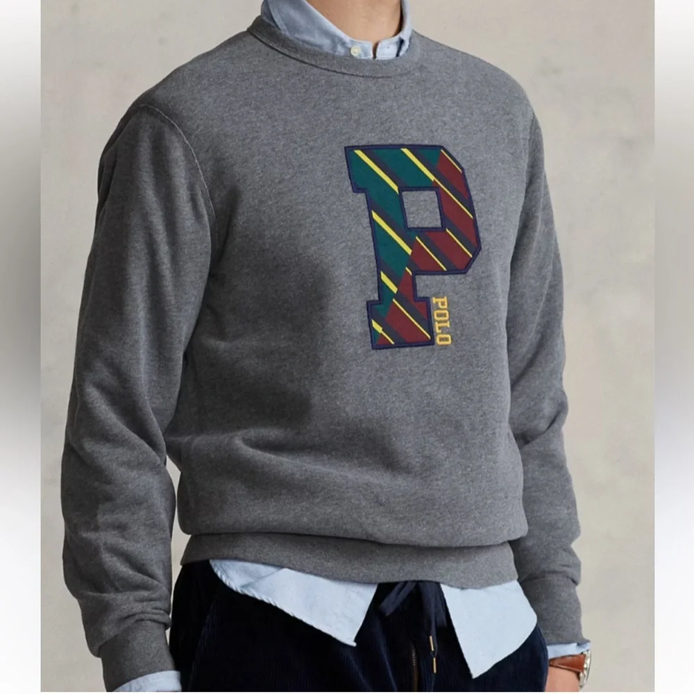 Polo Ralph Lauren GRAY HEATHER Fleece VARSITY LETTERMAN Sweatshirt Men's L